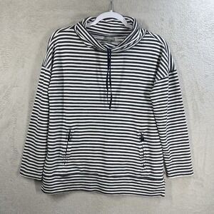 Talbots Blue Striped Pullover Cowl Neck Top Sz MP Drawstring Pockets Nautical